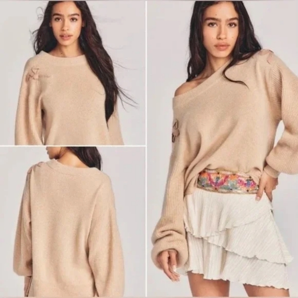 LoveShackFancy Shen 100% Cashmere Sweater with Bows Tan size Small